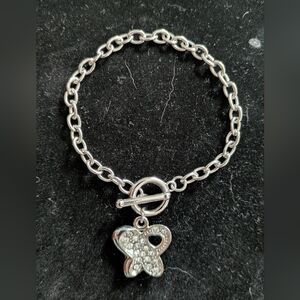 Silver Chain Bracelet with Heart Charm and Toggle Clasp